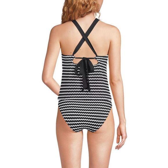 Land's End plus standard crochet high neck tankini black white stripes tie Var - Picture 5 of 7